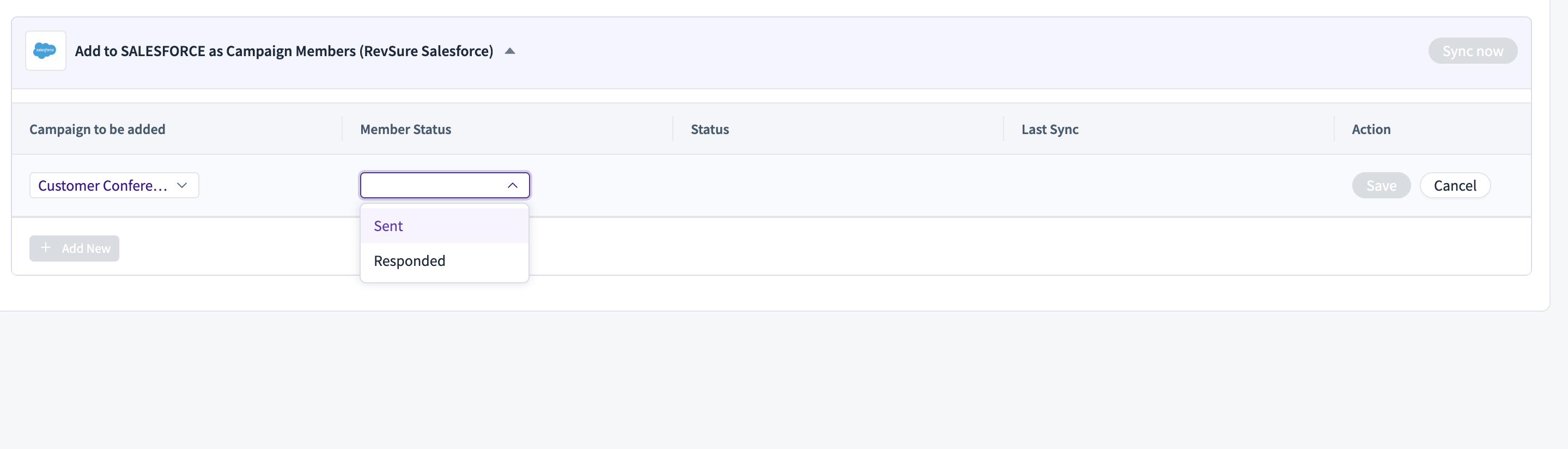 Interface for adding campaign members in Salesforce with status options displayed.